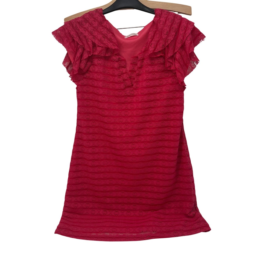 Carole Christian Pink Lace Ruffle Cap Sleeve Mini Dress Notched V-Neck Lined